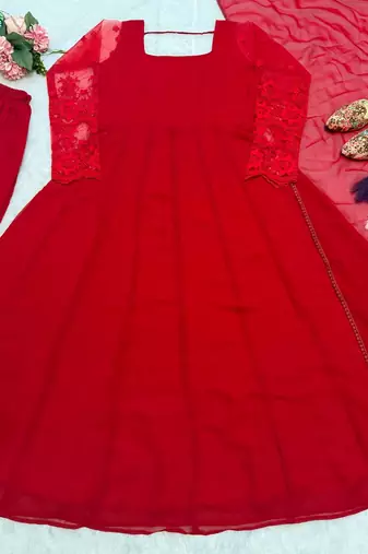 Red pure faux georgette embroidery wear anarkali suit set