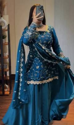 Blue heavy crunchy silk party wear embroidery suit set 2