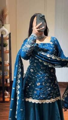 Blue heavy crunchy silk party wear embroidery suit set 3