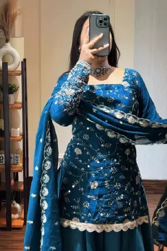 Blue heavy crunchy silk party wear embroidery suit set