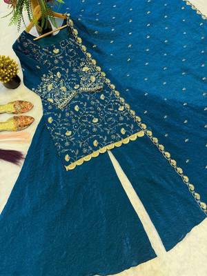 Blue heavy crunchy silk party wear embroidery suit set 4