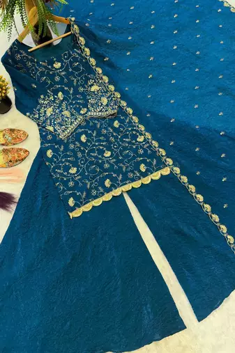 Blue heavy crunchy silk party wear embroidery suit set