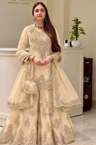 Cream heavy natural silk party wear embroidery suit set