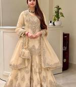 Cream heavy natural silk party wear embroidery suit set