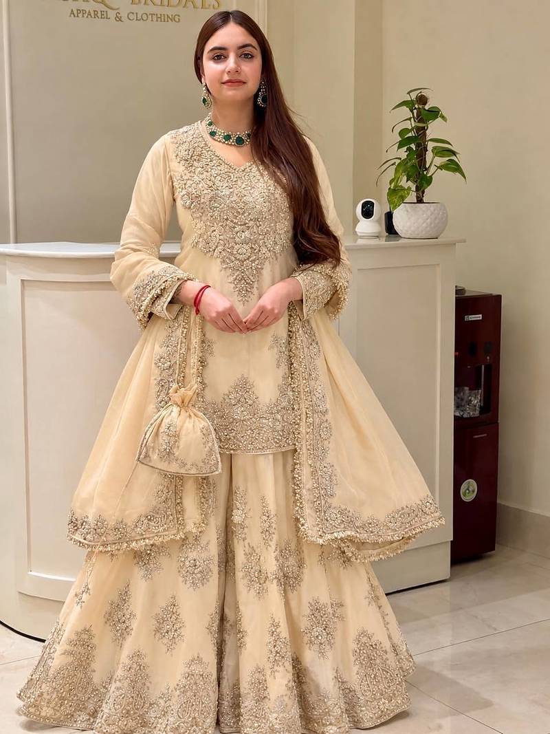 Cream heavy natural silk party wear embroidery suit set