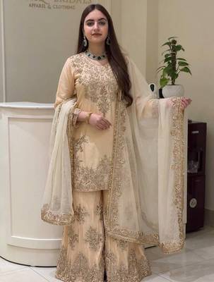 Cream heavy natural silk party wear embroidery suit set 2