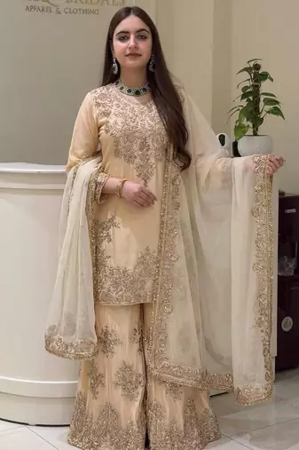 Cream heavy natural silk party wear embroidery suit set