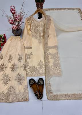 Cream heavy natural silk party wear embroidery suit set 3