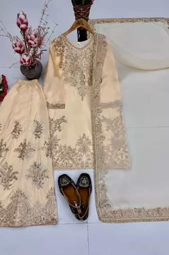 Cream heavy natural silk party wear embroidery suit set