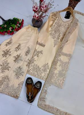 Cream heavy natural silk party wear embroidery suit set 4