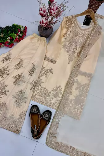 Cream heavy natural silk party wear embroidery suit set