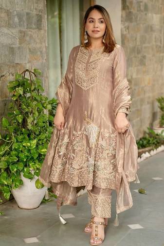 Cream heavy fandy silk party wear embroidery suit set
