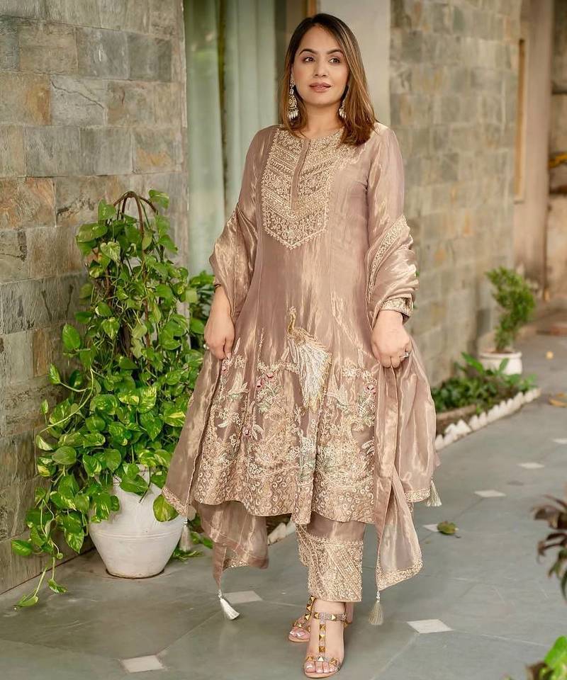 Cream heavy fandy silk party wear embroidery suit set