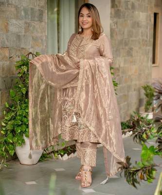 Cream heavy fandy silk party wear embroidery suit set 2