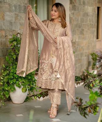 Cream heavy fandy silk party wear embroidery suit set 3