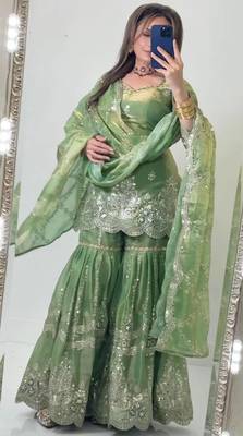 Green heavy fandy silk party wear embroidery sharara suit set 1