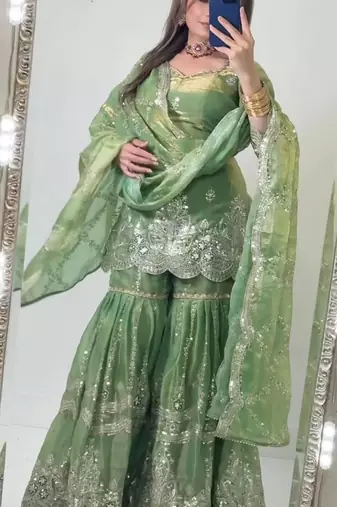 Green heavy fandy silk party wear embroidery sharara suit set