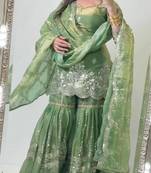 Green heavy fandy silk party wear embroidery sharara suit set
