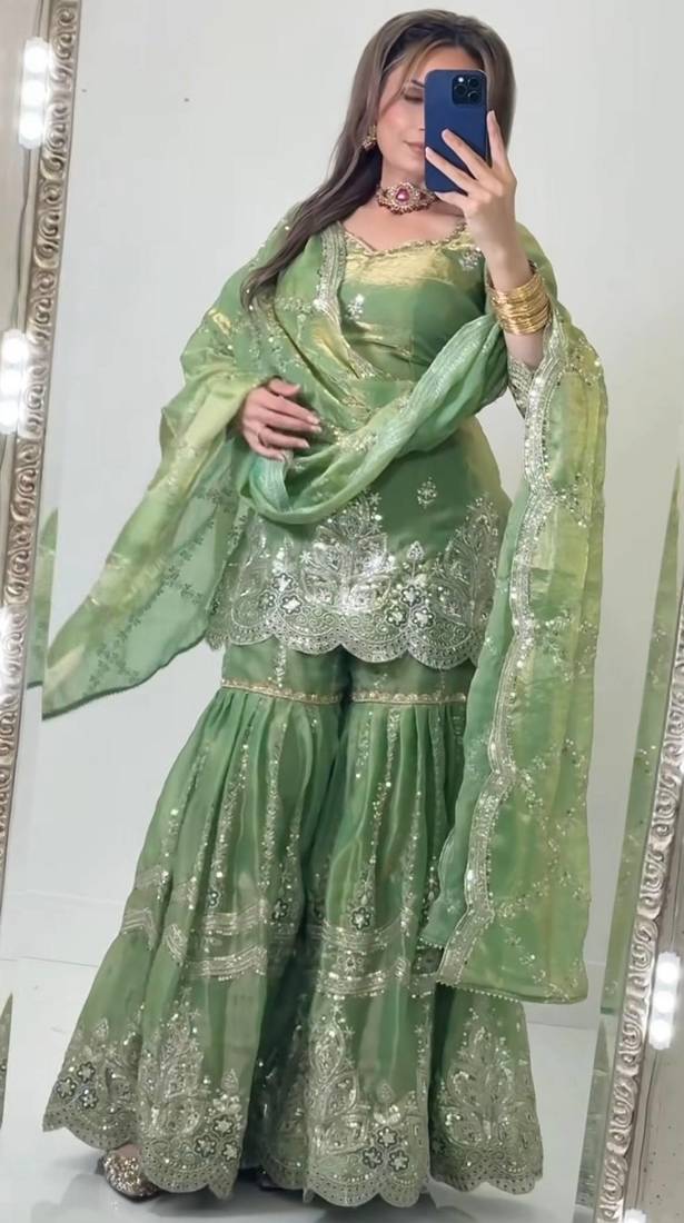 Green heavy fandy silk party wear embroidery sharara suit set