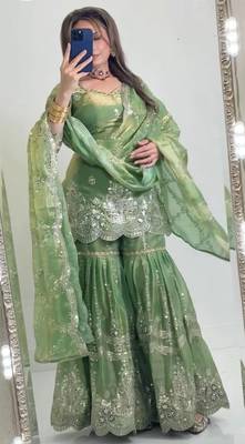 Green heavy fandy silk party wear embroidery sharara suit set 2