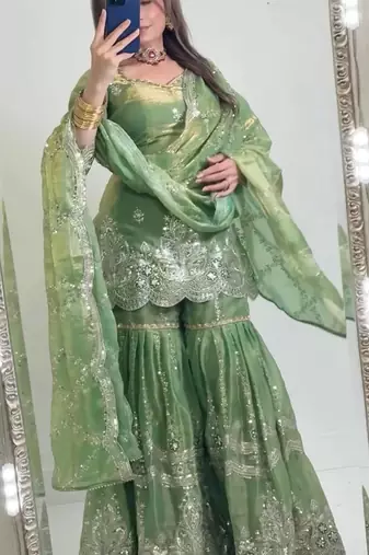Green heavy fandy silk party wear embroidery sharara suit set