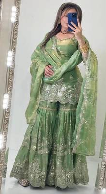 Green heavy fandy silk party wear embroidery sharara suit set 3