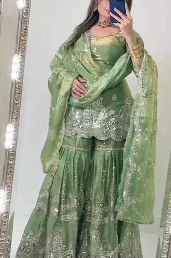 Green heavy fandy silk party wear embroidery sharara suit set