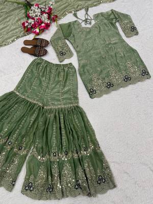 Green heavy fandy silk party wear embroidery sharara suit set 4
