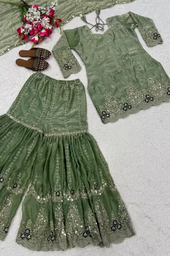 Green heavy fandy silk party wear embroidery sharara suit set