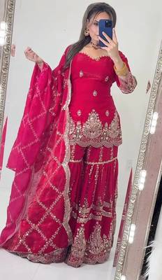 Pink heavy fandy silk party wear embroidery sharara suit set 1