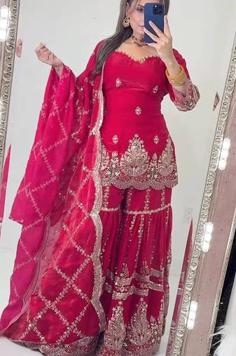 Pink heavy fandy silk party wear embroidery sharara suit set