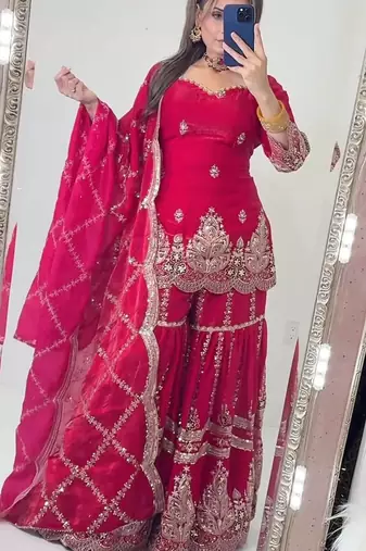 Pink heavy fandy silk party wear embroidery sharara suit set