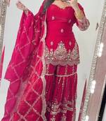 Pink heavy fandy silk party wear embroidery sharara suit set