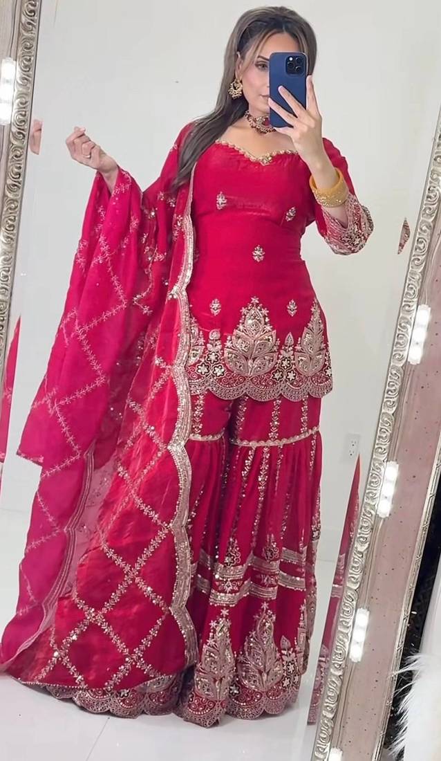 Pink heavy fandy silk party wear embroidery sharara suit set