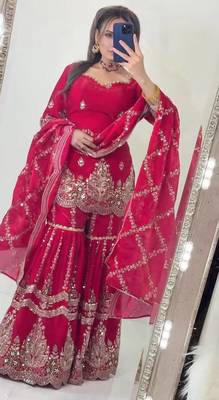 Pink heavy fandy silk party wear embroidery sharara suit set 2