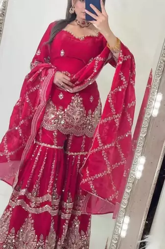Pink heavy fandy silk party wear embroidery sharara suit set