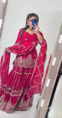 Pink heavy fandy silk party wear embroidery sharara suit set 3
