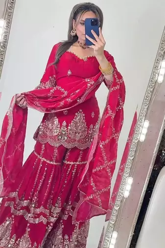 Pink heavy fandy silk party wear embroidery sharara suit set