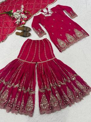 Pink heavy fandy silk party wear embroidery sharara suit set 4