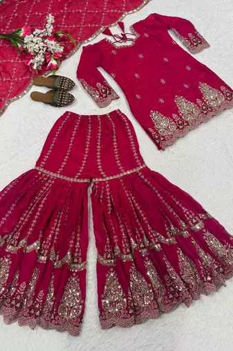 Pink heavy fandy silk party wear embroidery sharara suit set