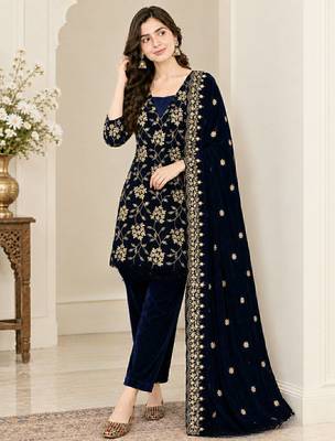 Blue heavy viscose velvet heavy fandy silk party wear embroidery suit set 1