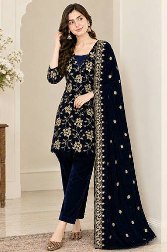 Blue heavy viscose velvet heavy fandy silk party wear embroidery suit set