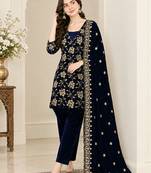 Blue heavy viscose velvet heavy fandy silk party wear embroidery suit set