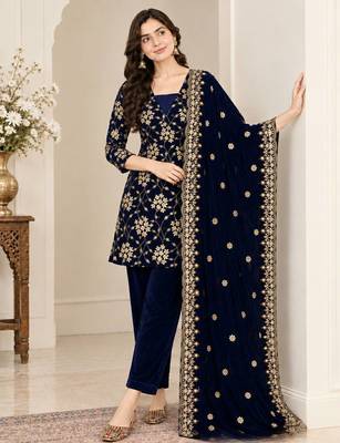 Blue heavy viscose velvet heavy fandy silk party wear embroidery suit set 2