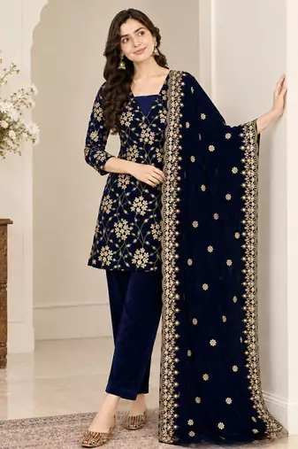 Blue heavy viscose velvet heavy fandy silk party wear embroidery suit set