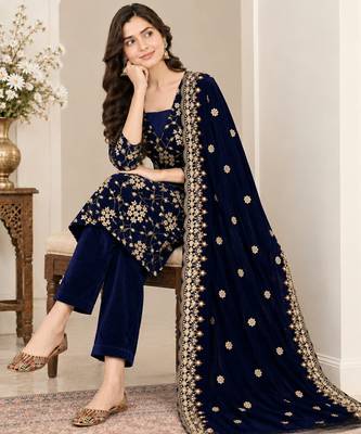 Blue heavy viscose velvet heavy fandy silk party wear embroidery suit set 3