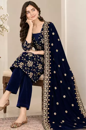 Blue heavy viscose velvet heavy fandy silk party wear embroidery suit set