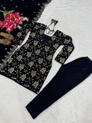 Blue heavy viscose velvet heavy fandy silk party wear embroidery suit set 4