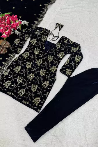 Blue heavy viscose velvet heavy fandy silk party wear embroidery suit set