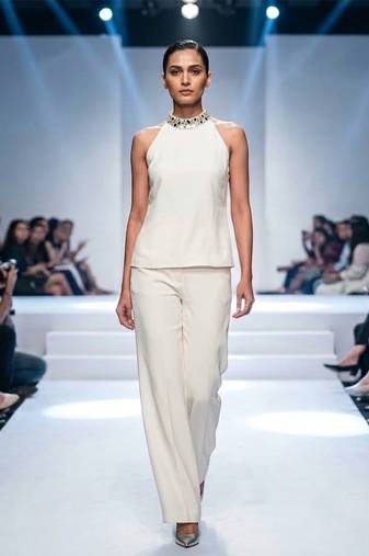 White embroidered semi silk crepe co ord set